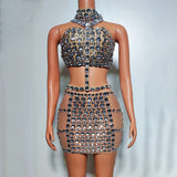 Sexy Spicy Girl Women's Fashion Chain Hollow out Design with Super Big Water Diamond Style Short Skirt