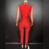 Nightclub bar party sexy red perspective mesh diamond tight jumpsuit for women's performance