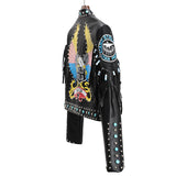 New Fashion Print Contrast Color Rivet Leather Jacket For Women