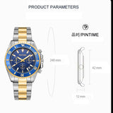 PINTIME Casuals Men's Watches 42mm Case Six-Hand Dial Stainless Steel Strap Fashion Quartz Wristwatch Waterproof Luminous Reloj