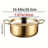 1pc Cooking Pot With Lid, Korean Noodle Cooker, Soup Cooker, Stainless Steel Thickened Ramen Cooker, Golden Small Hot Pot