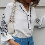 V-neck Flared Sleeves Top Single-breasted Geometric Printed Loose Long Sleeves