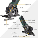 580W Mini Corded Electric Compact Circular Saw with Laser Guide Scale Ruler Vacuum Port 3 Blades for Cutting Wood