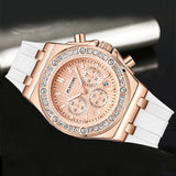 PINTIME Woman Watch Casuals Diamond Bezel Fashion Quartz Wristwatch Sports Silicone Strap Waterproof 3br Calendar Clock Reloj