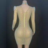 High end socialite sexy mesh full diamond dress, new autumn winter style slim fit long sleeved and hip wrapped short skirt