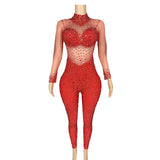Nightclub bar party sexy red perspective mesh diamond tight jumpsuit for women's performance