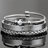 3Piece Scripture Cross Bracelet Stainless Steel Braided Stretch Twine