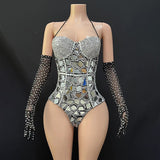 Hanging neck, suspender, spicy girl, black high-end stage show, tight fitting, slimming, full diamond lens design, gloves, nightclub dress