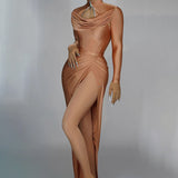 Luxury female socialite temperament low-key solid color long design sense, company dinner party evening dress sexy suspender