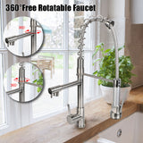 Crane Tap with Dual Spout Hot Cold Water Mixer Kitchen Sink Faucet Brass Pull Down Spring Dual Swivel Spouts Deck Mounted