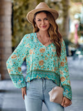 Cross Border Printed V-neck Loose Long Sleeve Top Women