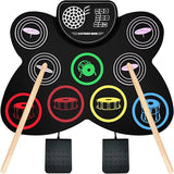 9-Pads Roll-Up Practice Drum Pad with Drumsticks and Foot Pedals - Built-in Stereo Speakers, Christmas/Birthday Gift for Kids