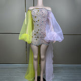 New Personalized Style Transparent Colorful Mesh Flare Sleeves Skirt hem Water Diamond Sexy Tight Gift Dress