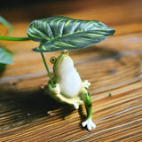 Garden Micro-Landscape Statue - Resin Frog Figurine Holding A Leaf. Realistic Cute Animal Miniature for Home & Office.