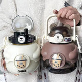 Big Capacity 1.1L Water Bottle Plastic Big Belly Cup Double Drinking Mouth Cute Straw Cup Student Portable Kettle