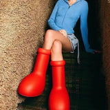 Big Red Knee High Boots Round Toe Balloon Slip on Ladies Casual Boots 2023 New Solid Color Brand High Quality Boots Fashion
