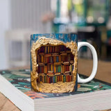 Ceramic Mug With Handle 350ml Ceramic Coffee Mug Travel Book Lover 3D Bookshelf Flat Color Pattern Funny Work Mugs For Men