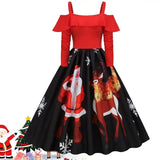 Christmas Dress for Women Santa Claus Print Cocktail Swing Dress Vintage Snowflake Print Off Shoulder Dress Christmas Ruffle Dre