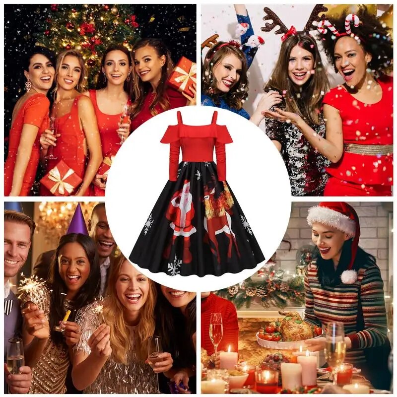 Christmas Dress for Women Santa Claus Print Cocktail Swing Dress Vintage Snowflake Print Off Shoulder Dress Christmas Ruffle Dre