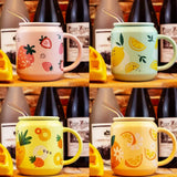 Cute Fruits Mugs Creative Can Cartoon Ceramic Mug With Straw Lid Milk Tea Mug Office Home Travel Coffee Water Cup 400ml