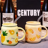 Cute Fruits Mugs Creative Can Cartoon Ceramic Mug With Straw Lid Milk Tea Mug Office Home Travel Coffee Water Cup 400ml