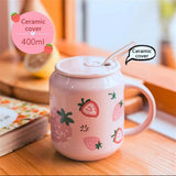 Cute Fruits Mugs Creative Can Cartoon Ceramic Mug With Straw Lid Milk Tea Mug Office Home Travel Coffee Water Cup 400ml
