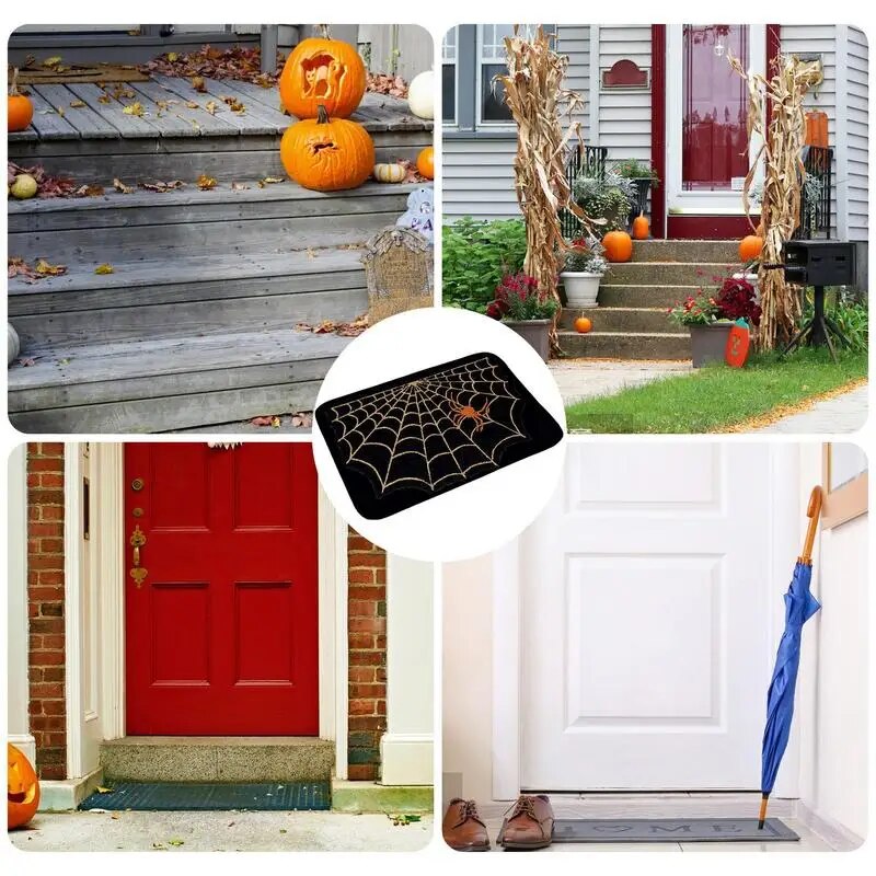 Halloween Entrance Mat Decorative Spider Web Floor Door Rug Washable & Reusable Outdoor Front Door Mat Halloween Decoration