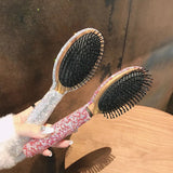 Handmade Diamonds Wooden Handle Massage Hair Brush Crystal Airbag Comb Portable Compact Mirror Hand Held Makeup Mirror For Women