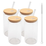 NEW ARRIVAL Beer Can Glass with Bamboo Lids and Glass Straws,4 Pack 16Oz Drinking Glasses with Lids and Straws,Can Shaped Glass