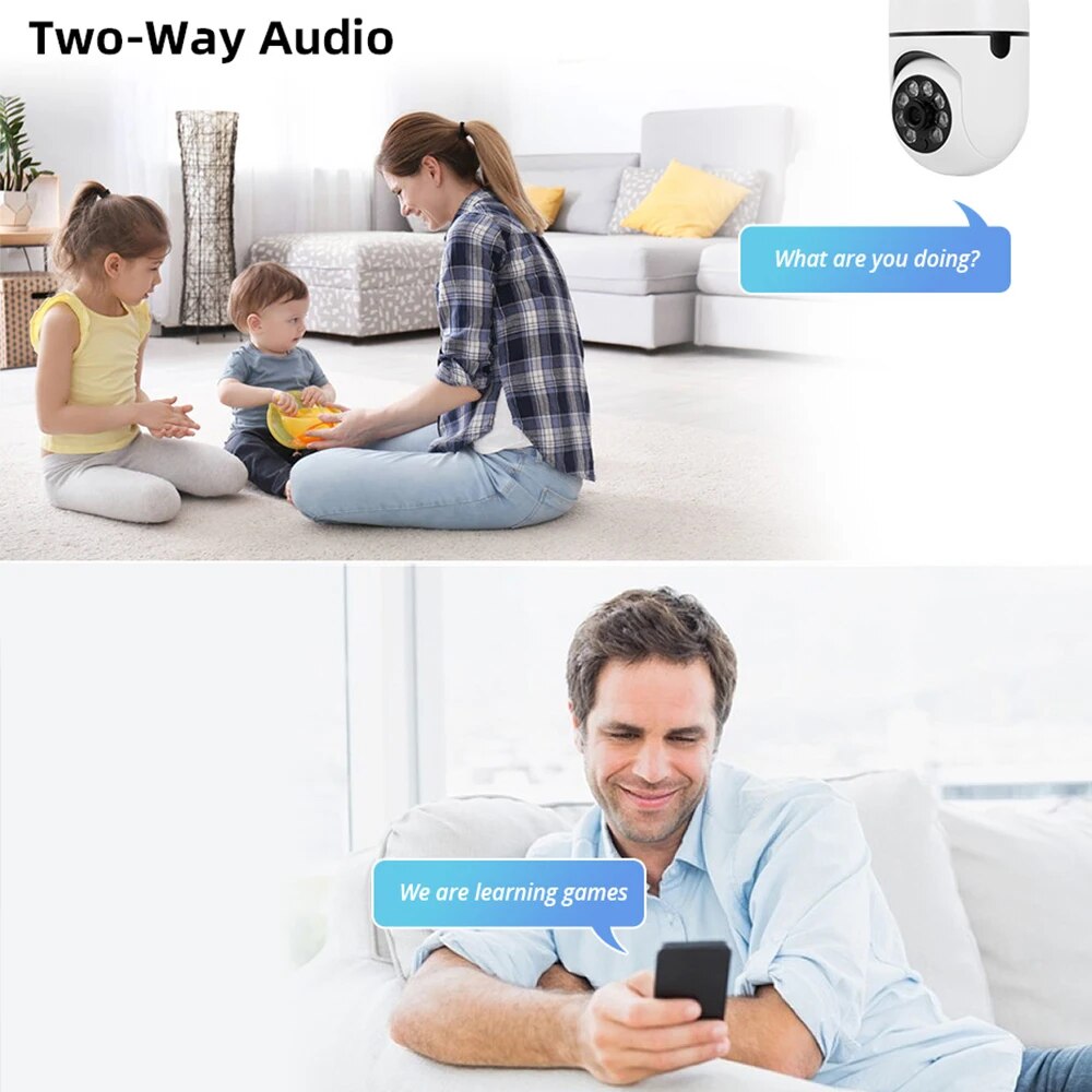 Indoor Video Surveillance Camera, Baby Monitor, Home Security Protection, Full Color, Night Vision, Auto Tracking, WiFi, Bulb, 3