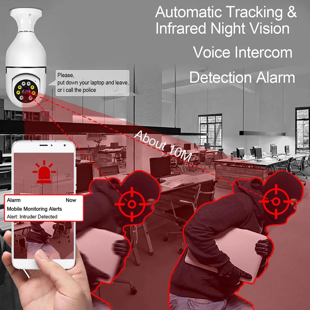 Indoor Video Surveillance Camera, Baby Monitor, Home Security Protection, Full Color, Night Vision, Auto Tracking, WiFi, Bulb, 3