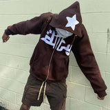 Men's Sweatshirt Hooded Design Print Vintage Zippered Jacket High Street Long Sleeve Loose Bag Star Harajuku Casual Gothic