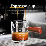 Mongdio Coffee Cup Glass With Graduated Espresso Extraction Measuring Cup Wooden Handle Milk Cup Shot Ounce Cup