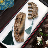 Natural Green Sandalwood Comb Combination Set Mini Retro Head Meridian Natural Wide Teeth Carved Online Celebrity Gift Box.
