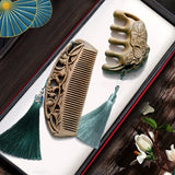 Natural Green Sandalwood Comb Combination Set Mini Retro Head Meridian Natural Wide Teeth Carved Online Celebrity Gift Box.