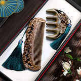 Natural Green Sandalwood Comb Combination Set Mini Retro Head Meridian Natural Wide Teeth Carved Online Celebrity Gift Box.