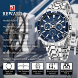 New REWARD Business Watches for Men Stainless Quartz Wristwatch Waterproof Chronograph Luminous Date Sports Mens Wrist Watch