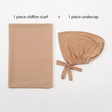 Newest Chiffon Shawl With Matching Undercap Hijab Women Pure Color Jersey Inner Caps Muslim Headband Two-Piece Scarf Set