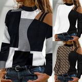 Autumn And Winter Simplicity Off-the-shoulder Colored Geometric Blocks Pattern Long Sleeve Top For Women