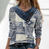 Printed Button Top V-neck Long Sleeve