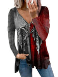 Women's Casual Fashion V-neck Pull Printed Long-sleeved Top T-shirt