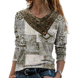 Printed Button Top V-neck Long Sleeve