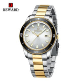 REWARD Business Mens Watches Silver Stainless Japan Movement Fashion Quartz Wrist Watch for Men Waterproof Luminous with Date