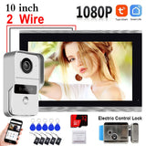 Tuya Wireless Wifi 2 Wire Video Doorbell System, 1080P Doorphone Door Camera, 10 Inch Touch Screen, with 32GB Card Electric Lock