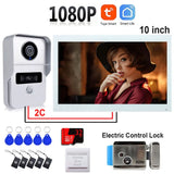 Tuya Wireless Wifi 2 Wire Video Doorbell System, 1080P Doorphone Door Camera, 10 Inch Touch Screen, with 32GB Card Electric Lock