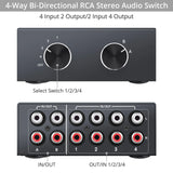 4 Way Bi-Directional RCA Stereo Audio Switch Selector 4X2/2X4 L/R Sound Channel Audio Switcher Splitter with OFF Button