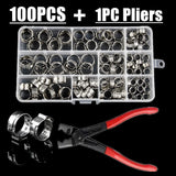 100pcs Stainless Steel Ear Hose Clamps+ 1pc Clamp Pliers, Worm Drive Hose Clips,Fuel & Water Pipe Clamps for Car Applications
