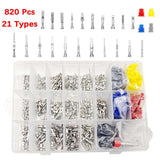 820pcs 21 Types Car Electrical Wire Connector Pin Terminal 1/1.5/1.8/2.2/2.8/3.5mm Removal Non-Insulated Male Female Crimp Pins