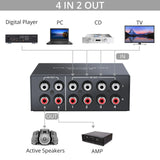 4 Way Bi-Directional RCA Stereo Audio Switch Selector 4X2/2X4 L/R Sound Channel Audio Switcher Splitter with OFF Button