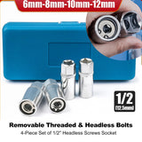 4-Piece Stud Extractor Set with 12.5mm Square Drive, 6/8/10/12mm Sizes, Includes Carrying Case